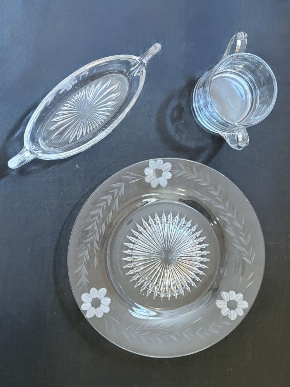 Vintage 30s Heisey Intaglio Floral Etched Glass Set Plate Canoe Dish Small Bowl